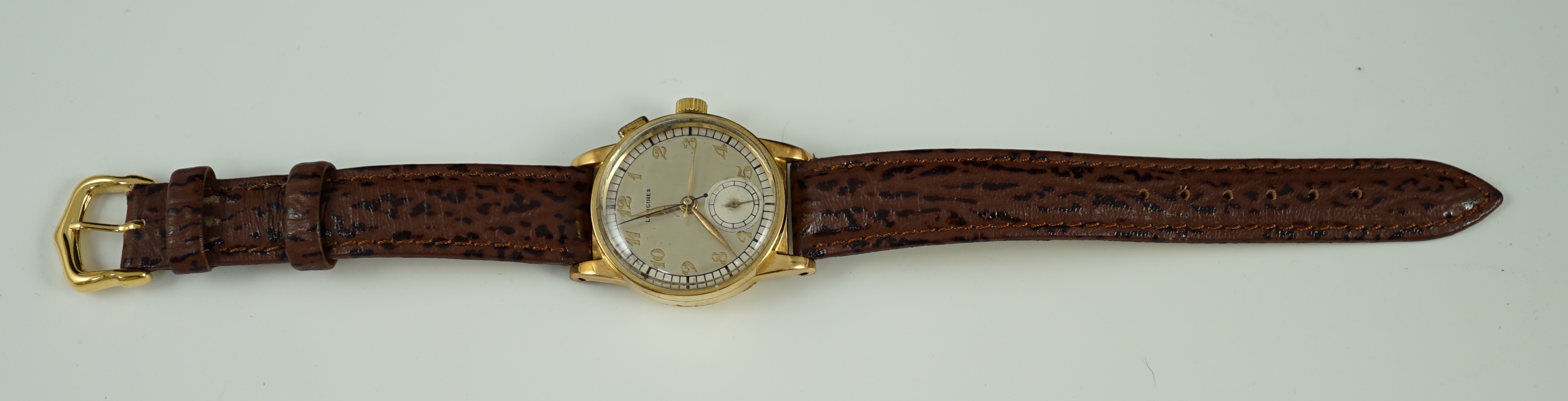 A gentleman's rare early 1940's 10k gold filled Longines 'Stopwatch' second, manual wind wrist watch, serial number 6,120,684, stop second movement c.12.68Z